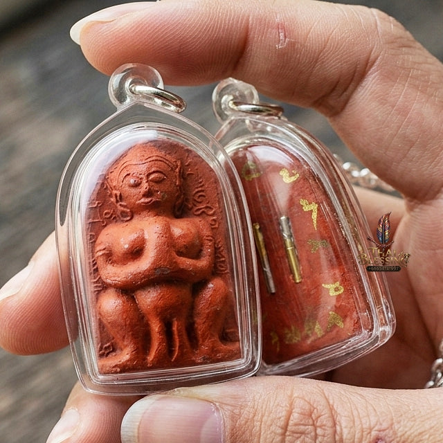 Authentic Thai Amulet "Jumbo Mae Nang Phim Sacred Red Herbal Powder & Spirit Ash Pendant" Consecrated by Luang Pho Loet, Wat Khao Phu Din B.E. 2542 (1999) - Disciple of Luang Pho Tae Wat Sam Ngam