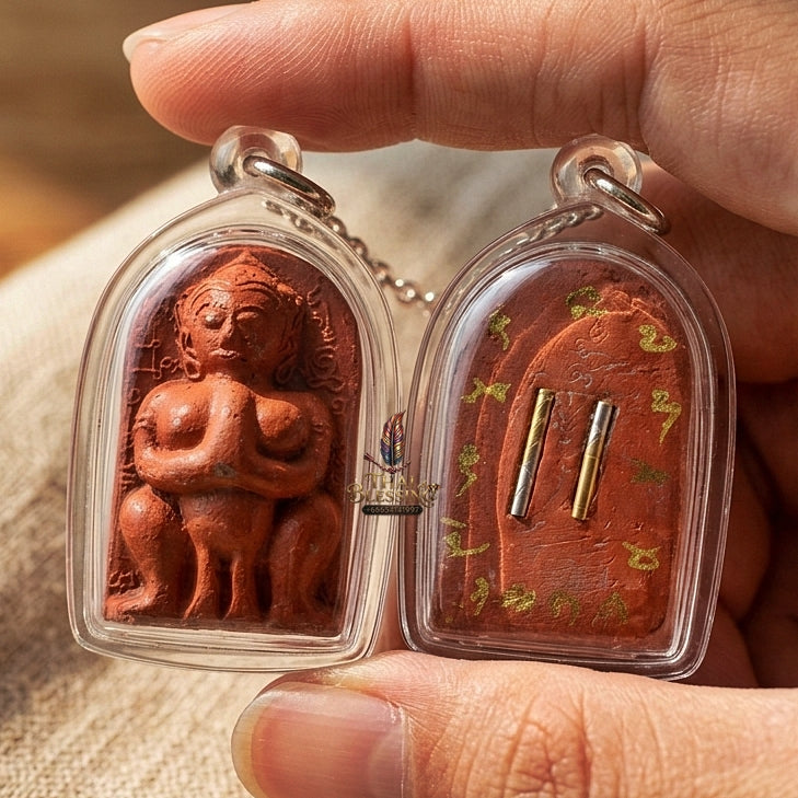 Authentic Thai Amulet "Jumbo Mae Nang Phim Sacred Red Herbal Powder & Spirit Ash Pendant" Consecrated by Luang Pho Loet, Wat Khao Phu Din B.E. 2542 (1999) - Disciple of Luang Pho Tae Wat Sam Ngam