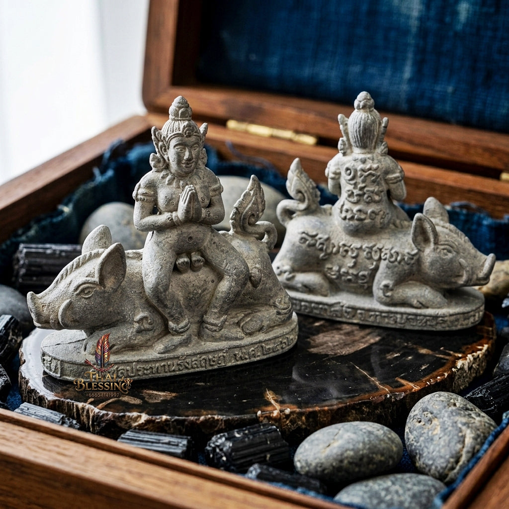 Authentic Thai Amulet "Mae Nang Phim Riding Wild Boar Aircraft Metal Alloy Pendant" Consecrated by Phra Ajarn Prasan, Wat Chong Kling B.E. 2561 (2018) - Direct Nephew & Lineage Disciple of Luang Pu Up, Wat Thong Sai