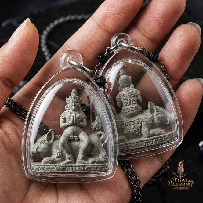 Authentic Thai Amulet "Mae Nang Phim Riding Wild Boar Aircraft Metal Alloy Pendant" Consecrated by Phra Ajarn Prasan, Wat Chong Kling B.E. 2561 (2018) - Direct Nephew & Lineage Disciple of Luang Pu Up, Wat Thong Sai