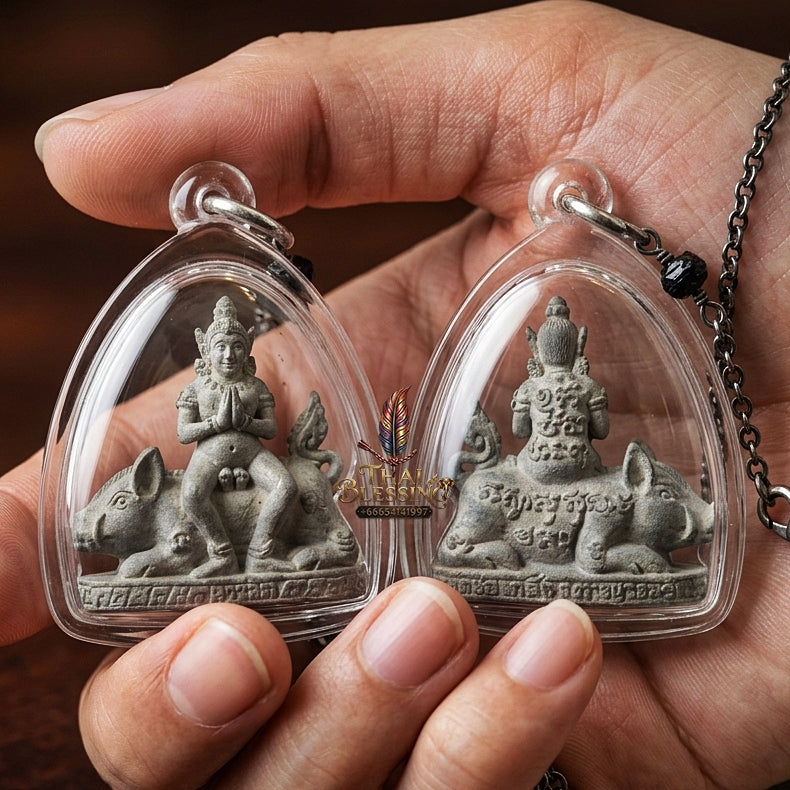Authentic Thai Amulet "Mae Nang Phim Riding Wild Boar Aircraft Metal Alloy Pendant" Consecrated by Phra Ajarn Prasan, Wat Chong Kling B.E. 2561 (2018) - Direct Nephew & Lineage Disciple of Luang Pu Up, Wat Thong Sai