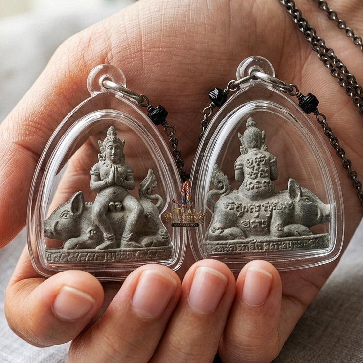 Authentic Thai Amulet "Mae Nang Phim Riding Wild Boar Aircraft Metal Alloy Pendant" Consecrated by Phra Ajarn Prasan, Wat Chong Kling B.E. 2561 (2018) - Direct Nephew & Lineage Disciple of Luang Pu Up, Wat Thong Sai