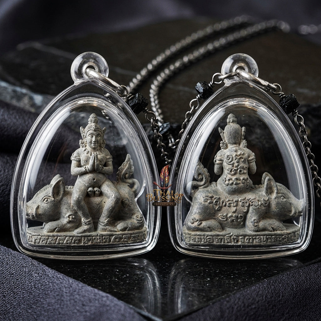 Authentic Thai Amulet "Mae Nang Phim Riding Wild Boar Aircraft Metal Alloy Pendant" Consecrated by Phra Ajarn Prasan, Wat Chong Kling B.E. 2561 (2018) - Direct Nephew & Lineage Disciple of Luang Pu Up, Wat Thong Sai