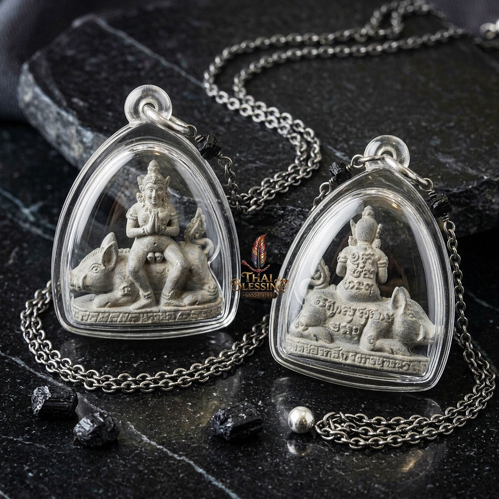 Authentic Thai Amulet "Mae Nang Phim Riding Wild Boar Aircraft Metal Alloy Pendant" Consecrated by Phra Ajarn Prasan, Wat Chong Kling B.E. 2561 (2018) - Direct Nephew & Lineage Disciple of Luang Pu Up, Wat Thong Sai