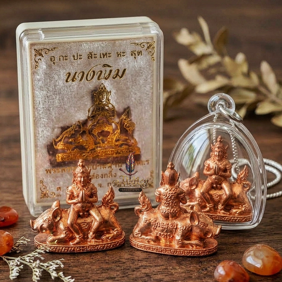 Authentic Thai Amulet "Mae Nang Phim Riding Wild Boar Copper Pendant" Consecrated by Phra Ajarn Prasan, Wat Chong Kling B.E. 2561 (2018) - Direct Nephew & Lineage Disciple of Luang Pu Up, Wat Thong Sai