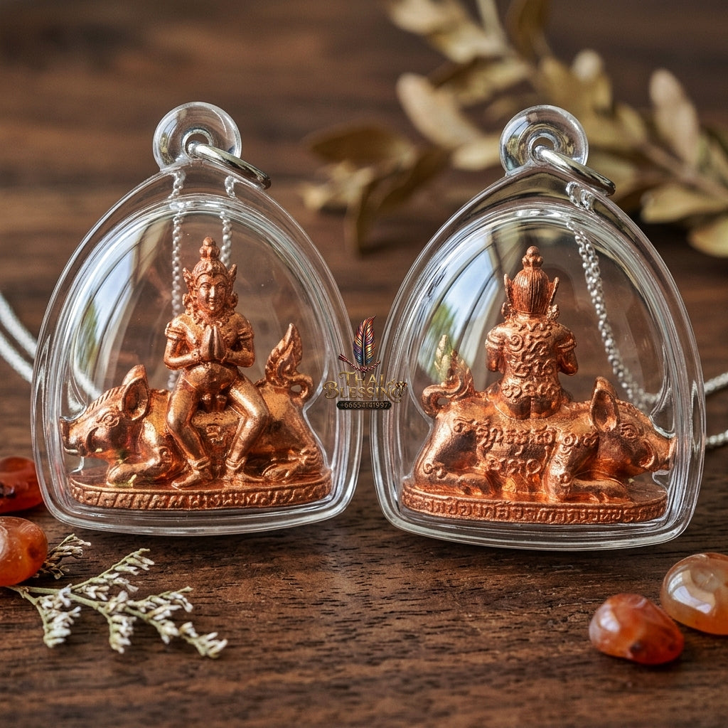 Authentic Thai Amulet "Mae Nang Phim Riding Wild Boar Copper Pendant" Consecrated by Phra Ajarn Prasan, Wat Chong Kling B.E. 2561 (2018) - Direct Nephew & Lineage Disciple of Luang Pu Up, Wat Thong Sai