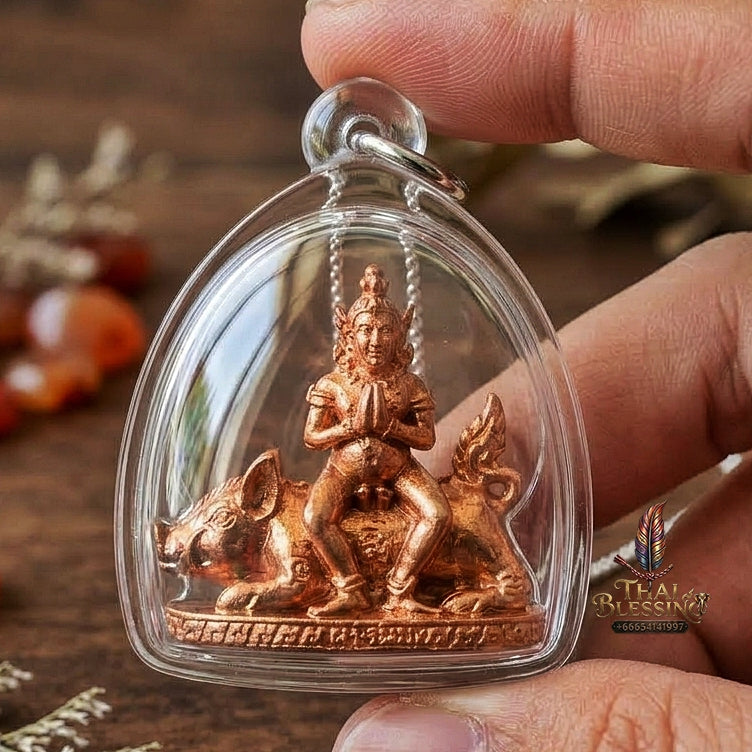 Authentic Thai Amulet "Mae Nang Phim Riding Wild Boar Copper Pendant" Consecrated by Phra Ajarn Prasan, Wat Chong Kling B.E. 2561 (2018) - Direct Nephew & Lineage Disciple of Luang Pu Up, Wat Thong Sai