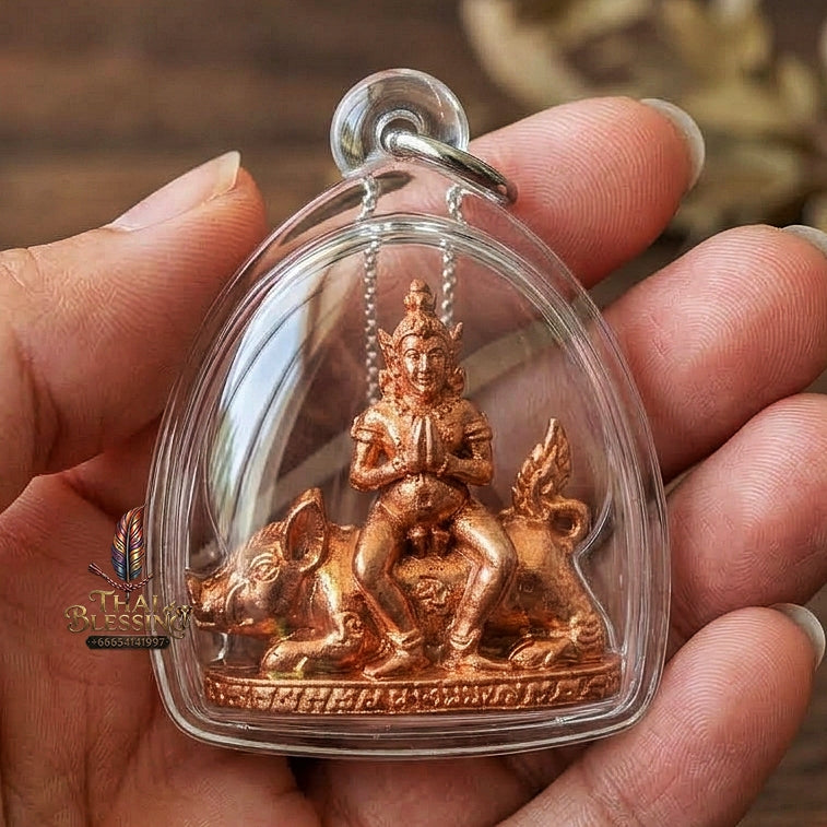Authentic Thai Amulet "Mae Nang Phim Riding Wild Boar Copper Pendant" Consecrated by Phra Ajarn Prasan, Wat Chong Kling B.E. 2561 (2018) - Direct Nephew & Lineage Disciple of Luang Pu Up, Wat Thong Sai