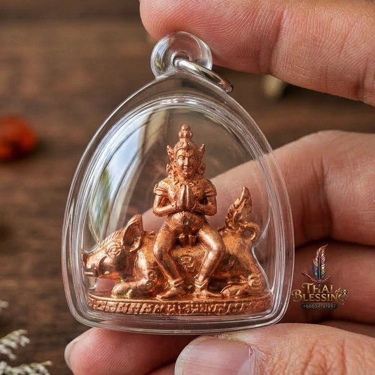 Authentic Thai Amulet "Mae Nang Phim Riding Wild Boar Copper Pendant" Consecrated by Phra Ajarn Prasan, Wat Chong Kling B.E. 2561 (2018) - Direct Nephew & Lineage Disciple of Luang Pu Up, Wat Thong Sai
