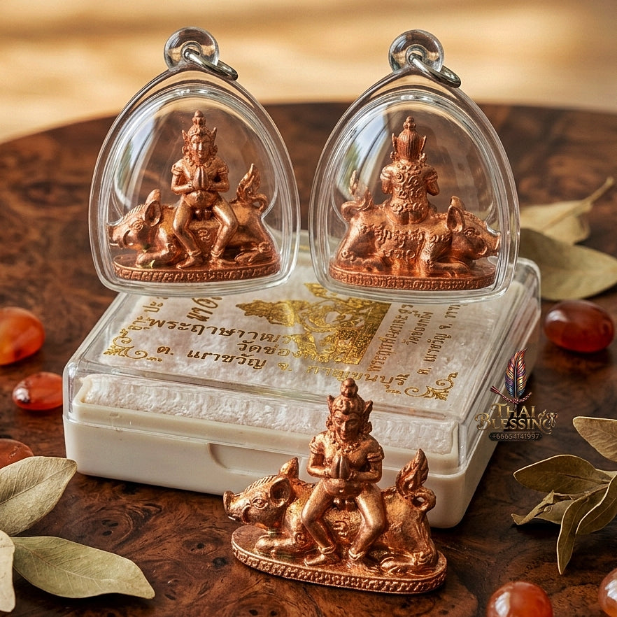 Authentic Thai Amulet "Mae Nang Phim Riding Wild Boar Copper Pendant" Consecrated by Phra Ajarn Prasan, Wat Chong Kling B.E. 2561 (2018) - Direct Nephew & Lineage Disciple of Luang Pu Up, Wat Thong Sai