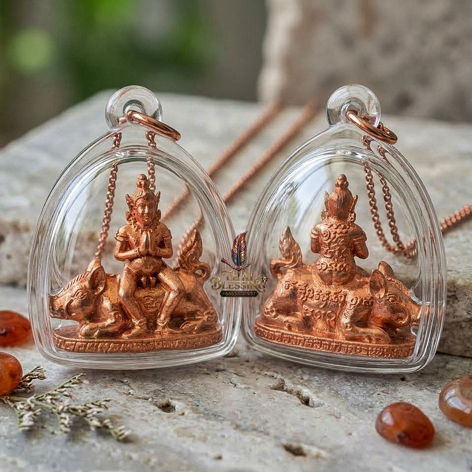 Authentic Thai Amulet "Mae Nang Phim Riding Wild Boar Copper Pendant" Consecrated by Phra Ajarn Prasan, Wat Chong Kling B.E. 2561 (2018) - Direct Nephew & Lineage Disciple of Luang Pu Up, Wat Thong Sai