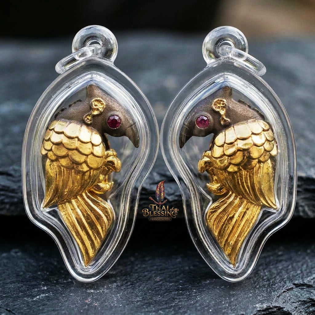 Authentic Thai Salika Bird Amulet "Sarika Maha Long Enchantment Celestial Bird Khan Long Hin Bronze Partial Gold Plated with Red Gemstone Eyes" Consecrated by Luang Pu Thongwan, Wat Ban Pak Dom B.E. 2568 (2025)