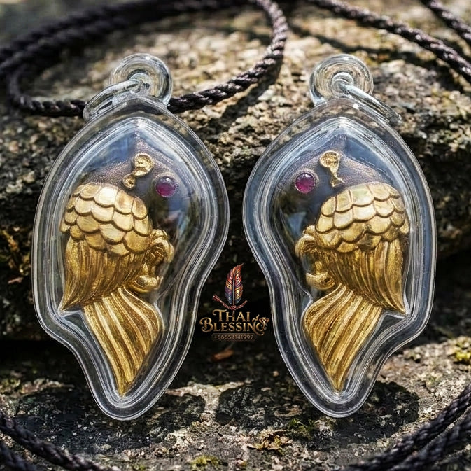 Authentic Thai Salika Bird Amulet "Sarika Maha Long Enchantment Celestial Bird Khan Long Hin Bronze Partial Gold Plated with Red Gemstone Eyes" Consecrated by Luang Pu Thongwan, Wat Ban Pak Dom B.E. 2568 (2025)