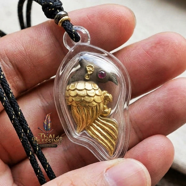 Authentic Thai Salika Bird Amulet "Sarika Maha Long Enchantment Celestial Bird Khan Long Hin Bronze Partial Gold Plated with Red Gemstone Eyes" Consecrated by Luang Pu Thongwan, Wat Ban Pak Dom B.E. 2568 (2025)