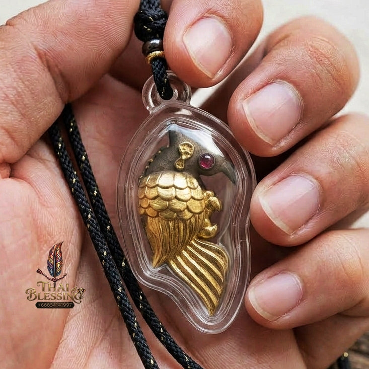Authentic Thai Salika Bird Amulet "Sarika Maha Long Enchantment Celestial Bird Khan Long Hin Bronze Partial Gold Plated with Red Gemstone Eyes" Consecrated by Luang Pu Thongwan, Wat Ban Pak Dom B.E. 2568 (2025)