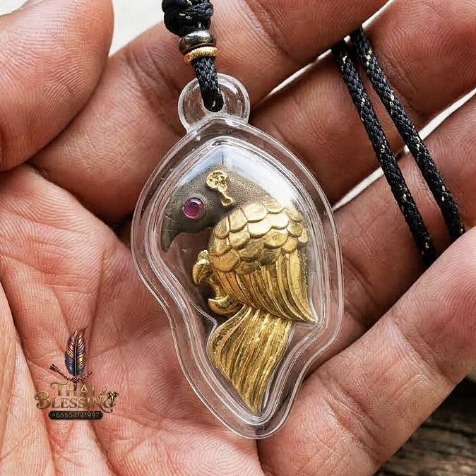 Authentic Thai Salika Bird Amulet "Sarika Maha Long Enchantment Celestial Bird Khan Long Hin Bronze Partial Gold Plated with Red Gemstone Eyes" Consecrated by Luang Pu Thongwan, Wat Ban Pak Dom B.E. 2568 (2025)