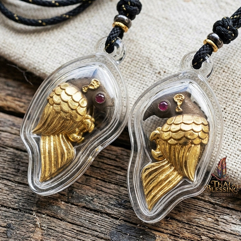 Authentic Thai Salika Bird Amulet "Sarika Maha Long Enchantment Celestial Bird Khan Long Hin Bronze Partial Gold Plated with Red Gemstone Eyes" Consecrated by Luang Pu Thongwan, Wat Ban Pak Dom B.E. 2568 (2025)
