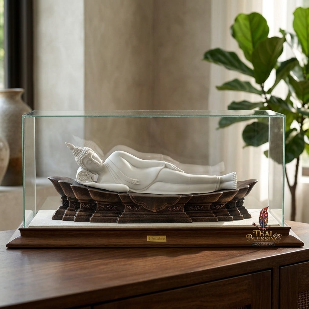 Fine Art Thai Reclining Buddha Statue "Tuesday Birthday Deity (Pang Saiyat)" by Sculptor Suphakreuk Yamprakhon - Marble Resin with Matte Gold Finish & Copper Gold Base - Consecrated Chaidee Yantra Coin Insert with Glass Display Case (สำเนา)
