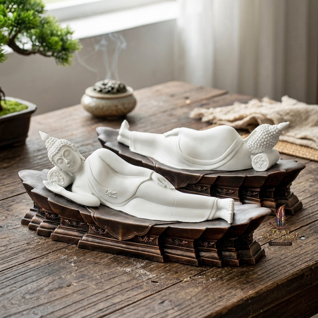 Fine Art Thai Reclining Buddha Statue "Tuesday Birthday Deity (Pang Saiyat)" by Sculptor Suphakreuk Yamprakhon - Marble Resin with Matte Gold Finish & Copper Gold Base - Consecrated Chaidee Yantra Coin Insert with Glass Display Case (สำเนา)