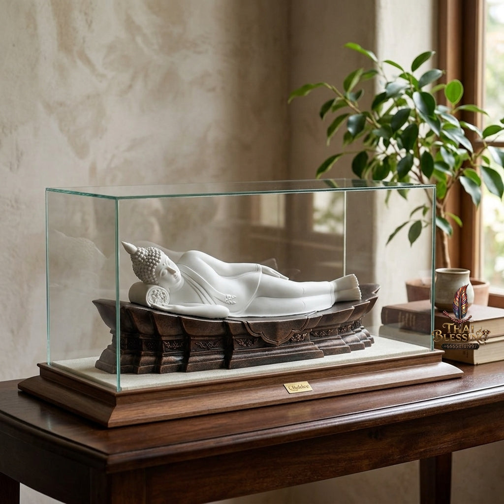 Fine Art Thai Reclining Buddha Statue "Tuesday Birthday Deity (Pang Saiyat)" by Sculptor Suphakreuk Yamprakhon - Marble Resin with Matte Gold Finish & Copper Gold Base - Consecrated Chaidee Yantra Coin Insert with Glass Display Case (สำเนา)