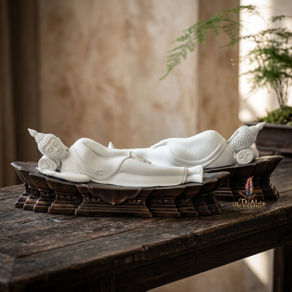 Fine Art Thai Reclining Buddha Statue "Tuesday Birthday Deity (Pang Saiyat)" by Sculptor Suphakreuk Yamprakhon - Marble Resin with Matte Gold Finish & Copper Gold Base - Consecrated Chaidee Yantra Coin Insert with Glass Display Case (สำเนา)