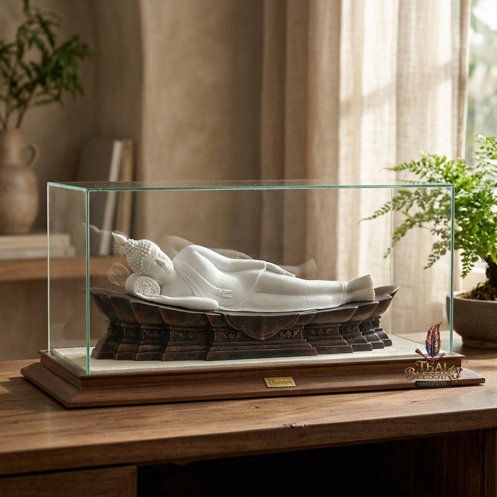 Fine Art Thai Reclining Buddha Statue "Tuesday Birthday Deity (Pang Saiyat)" by Sculptor Suphakreuk Yamprakhon - Marble Resin with Matte Gold Finish & Copper Gold Base - Consecrated Chaidee Yantra Coin Insert with Glass Display Case (สำเนา)