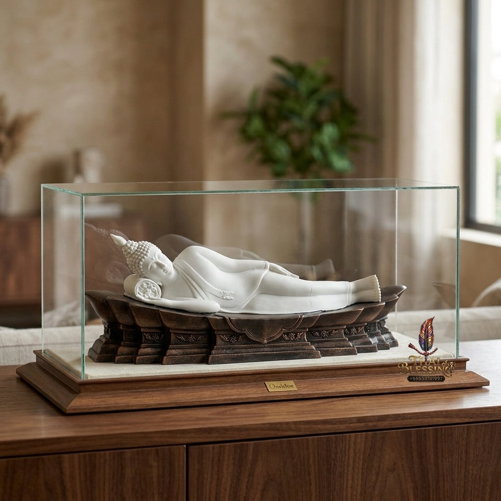 Fine Art Thai Reclining Buddha Statue "Tuesday Birthday Deity (Pang Saiyat)" by Sculptor Suphakreuk Yamprakhon - Marble Resin with Matte Gold Finish & Copper Gold Base - Consecrated Chaidee Yantra Coin Insert with Glass Display Case (สำเนา)