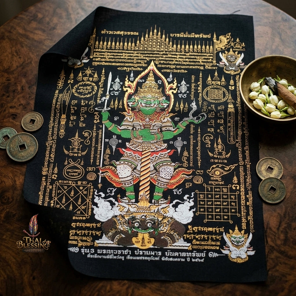 Authentic Thai Sacred Yantra Cloth "Lord Thao Wessuwan - Wealth Prosperity & Evil Vanquishing Edition Batch 3" (A3 Size) by Ruen Phra Phetchalukan Pichai Songkhram