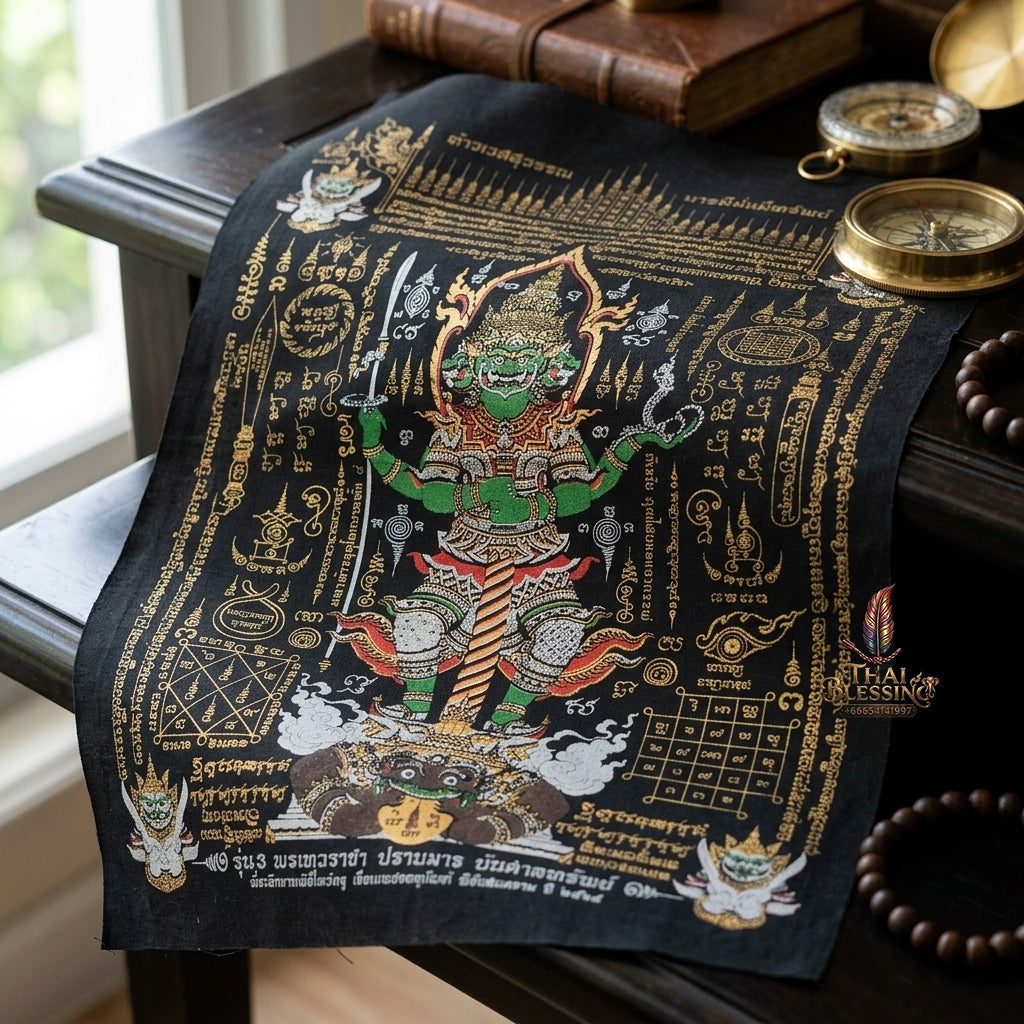 Authentic Thai Sacred Yantra Cloth "Lord Thao Wessuwan - Wealth Prosperity & Evil Vanquishing Edition Batch 3" (A3 Size) by Ruen Phra Phetchalukan Pichai Songkhram