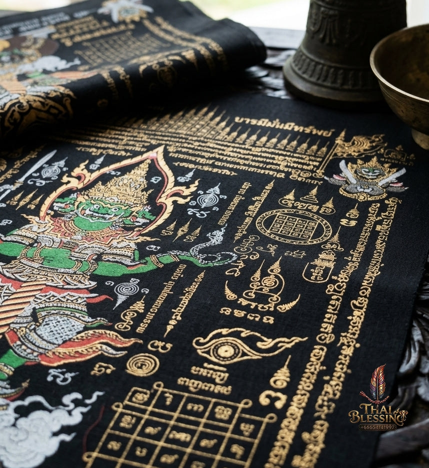 Authentic Thai Sacred Yantra Cloth "Lord Thao Wessuwan - Wealth Prosperity & Evil Vanquishing Edition Batch 3" (A3 Size) by Ruen Phra Phetchalukan Pichai Songkhram