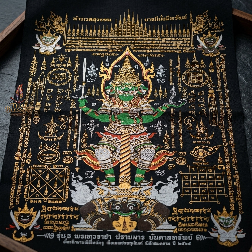 Authentic Thai Sacred Yantra Cloth "Lord Thao Wessuwan - Wealth Prosperity & Evil Vanquishing Edition Batch 3" (A3 Size) by Ruen Phra Phetchalukan Pichai Songkhram