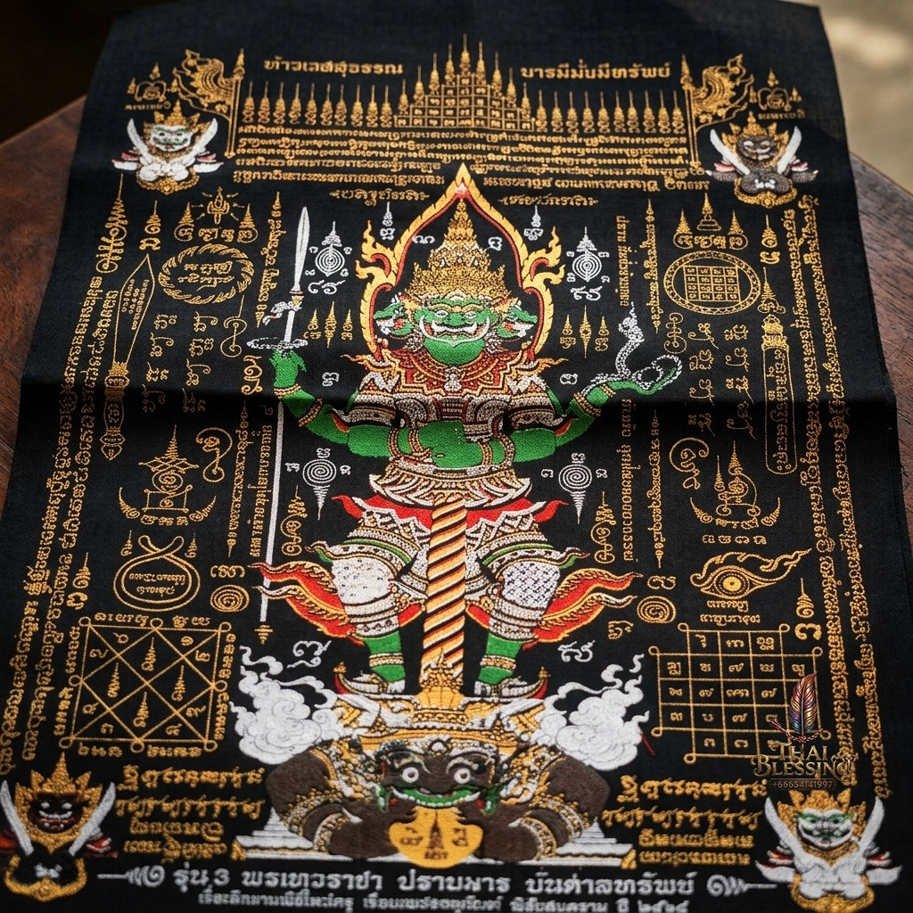 Authentic Thai Sacred Yantra Cloth "Lord Thao Wessuwan - Wealth Prosperity & Evil Vanquishing Edition Batch 3" (A3 Size) by Ruen Phra Phetchalukan Pichai Songkhram