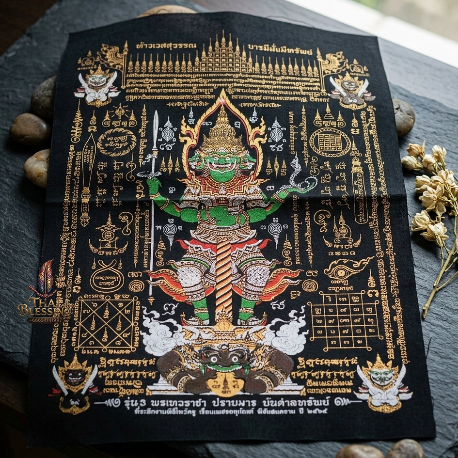 Authentic Thai Sacred Yantra Cloth "Lord Thao Wessuwan - Wealth Prosperity & Evil Vanquishing Edition Batch 3" (A3 Size) by Ruen Phra Phetchalukan Pichai Songkhram