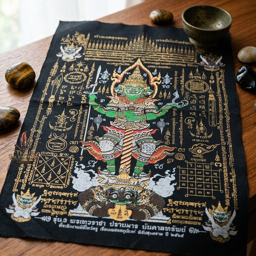 Authentic Thai Sacred Yantra Cloth "Lord Thao Wessuwan - Wealth Prosperity & Evil Vanquishing Edition Batch 3" (A3 Size) by Ruen Phra Phetchalukan Pichai Songkhram