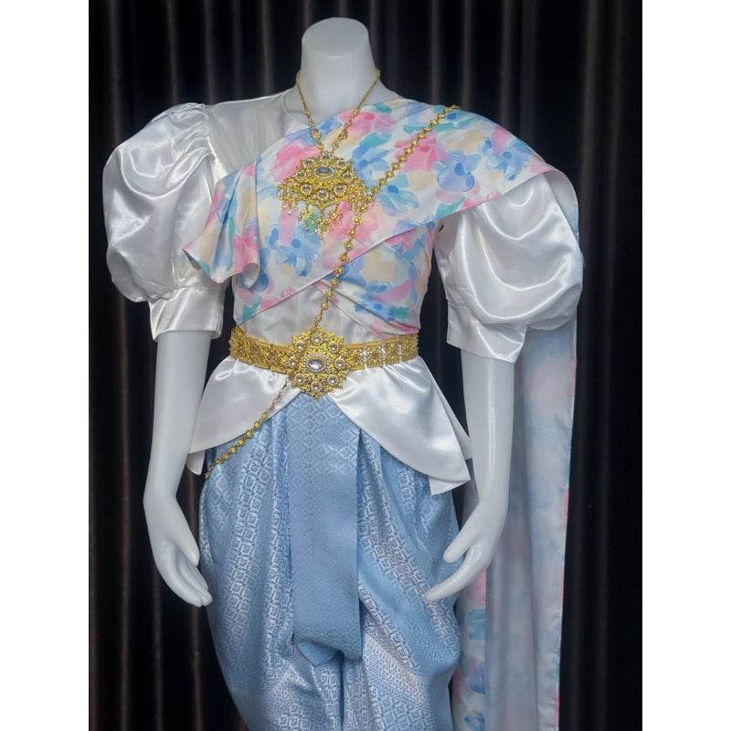 Thai Silk Bridal Attire for Women Set One-Sake.com Only shirt Only set(3 pieces) Accessories set Only set(3 pieces)-Accessories set-Only shirt-Sarong-Floral sash-