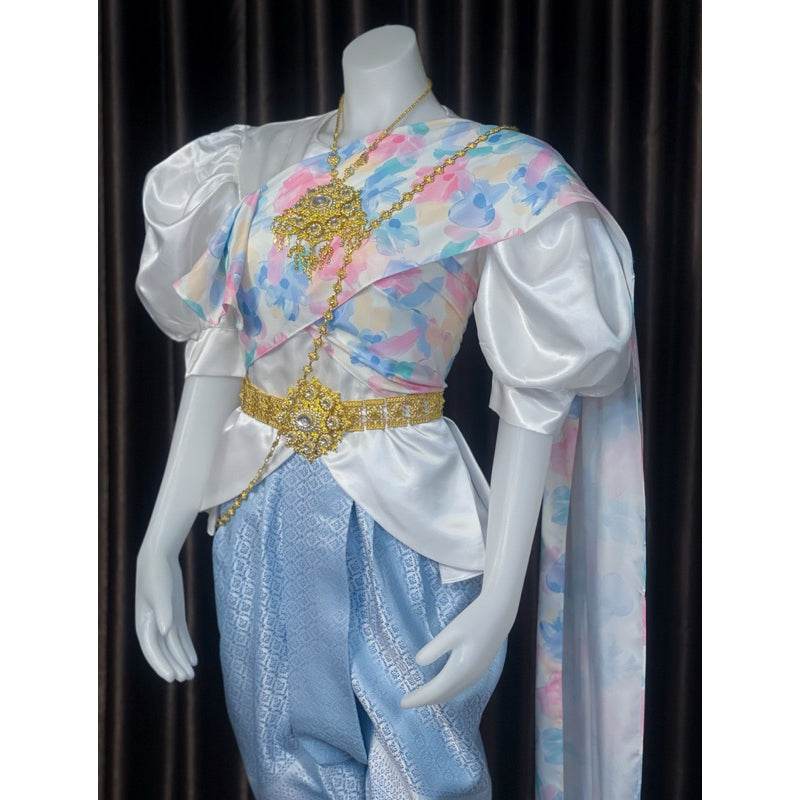 Thai Silk Bridal Attire for Women Set One-Sake.com Only shirt Only set(3 pieces) Accessories set Only set(3 pieces)-Accessories set-Only shirt-Sarong-Floral sash-