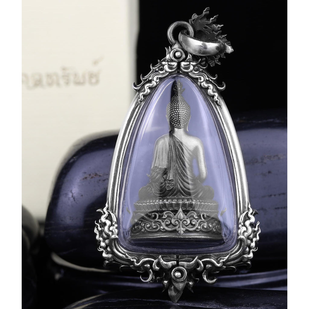 Ornate Thai pendant with seated Buddha statue in clear case by Thai Blessing Co authentic silver Buddha amulet for protection