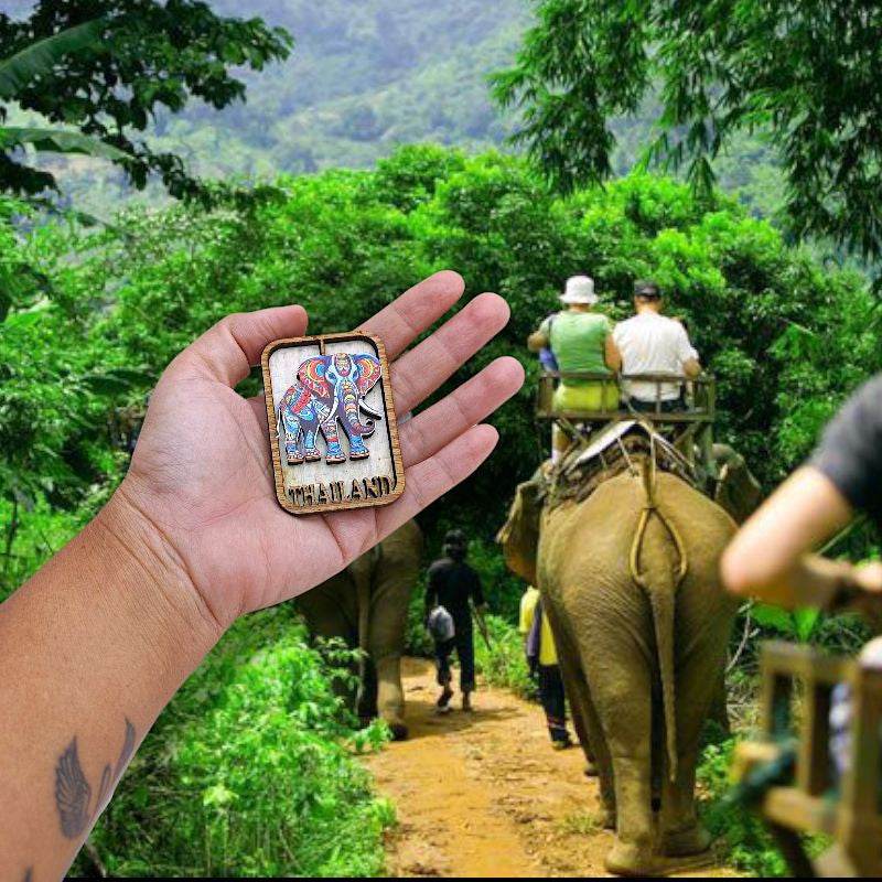 Hand holding colorful Thailand souvenir magnets with elephant design in outdoor jungle setting