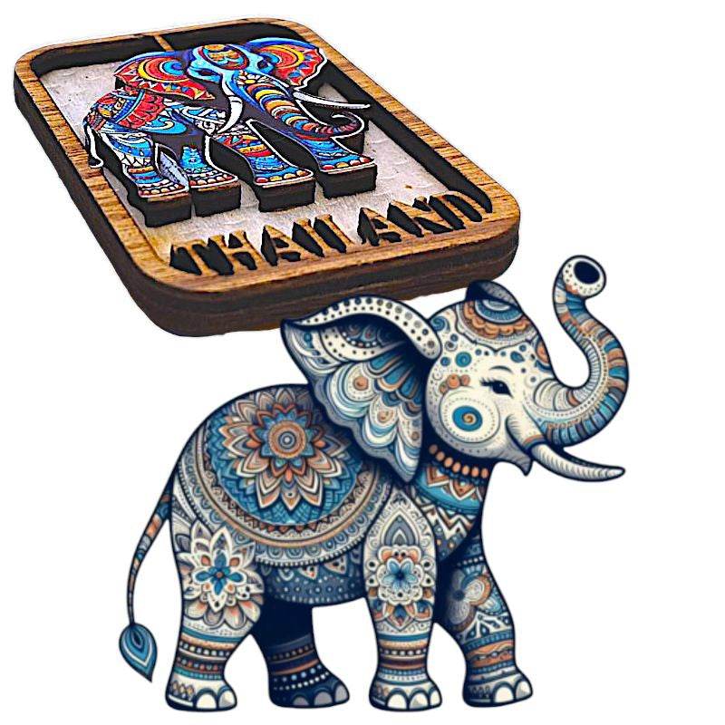 Colorful decorated elephant Thailand souvenir magnets with intricate patterns and wooden frame