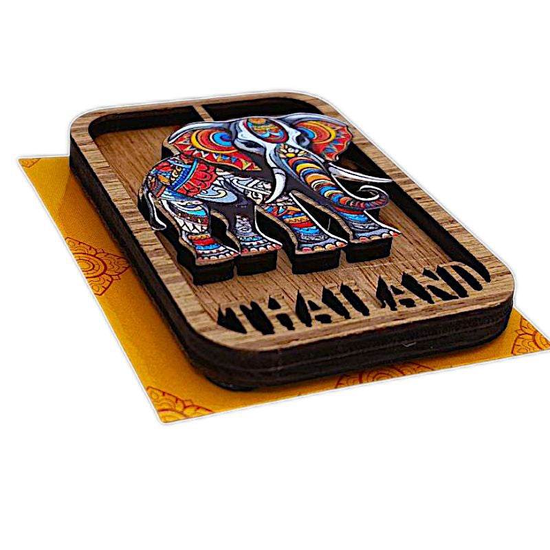 Colorful elephant design wooden Thailand souvenir magnets with intricate patterns and Thailand text
