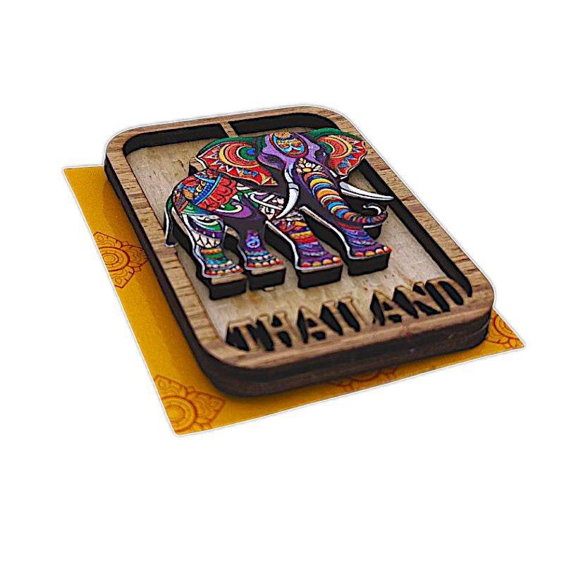 Colorful elephant wooden Thailand souvenir magnets with detailed patterns and Thailand text