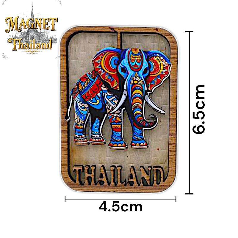 Colorful elephant design Thailand souvenir magnets with wooden frame detail 6.5 by 4.5 centimeters