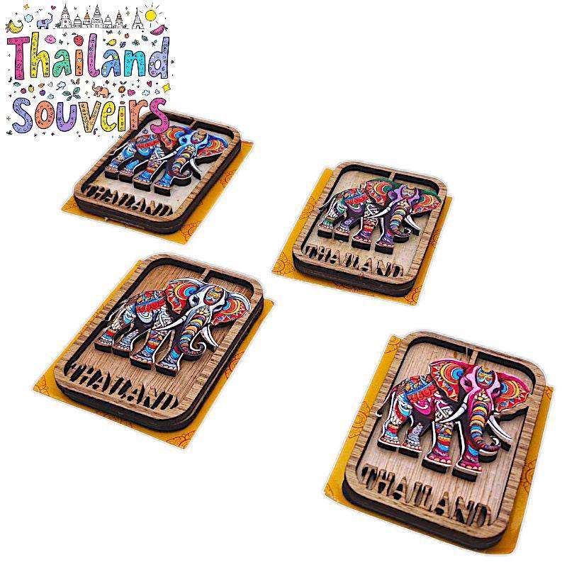 Colorful wooden elephant Thailand souvenir magnets with intricate patterns from One-Sake.com