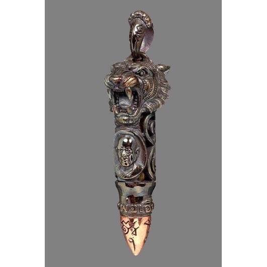 Thai Blessing Co Tiger Takrud amulet for status elevation metal pendant with fierce tiger head and engraved script