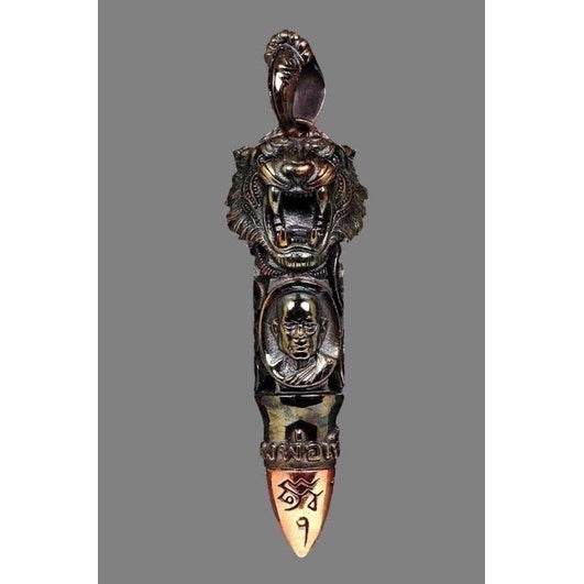 Thai Blessing Co Tiger Takrud amulet for status elevation bronze tiger head pendant with engraved monk portrait and yantra