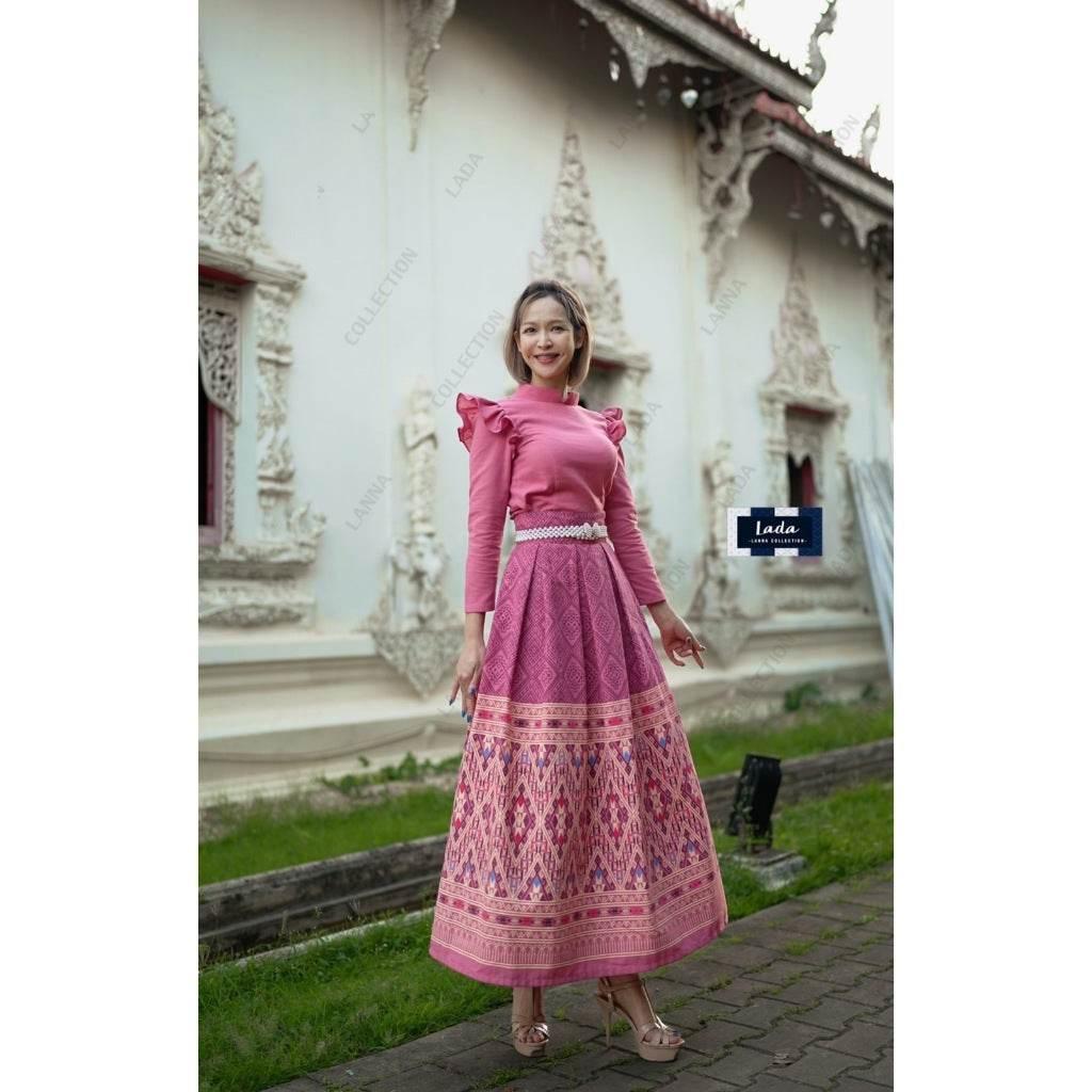 Thai Traditional Cotton Outfit - Borom Phiman Cape Sleeve Blouse & Pleated Skirt Set in Indigo, Pink, Wine Red & Yellow with Khit Footprint Design