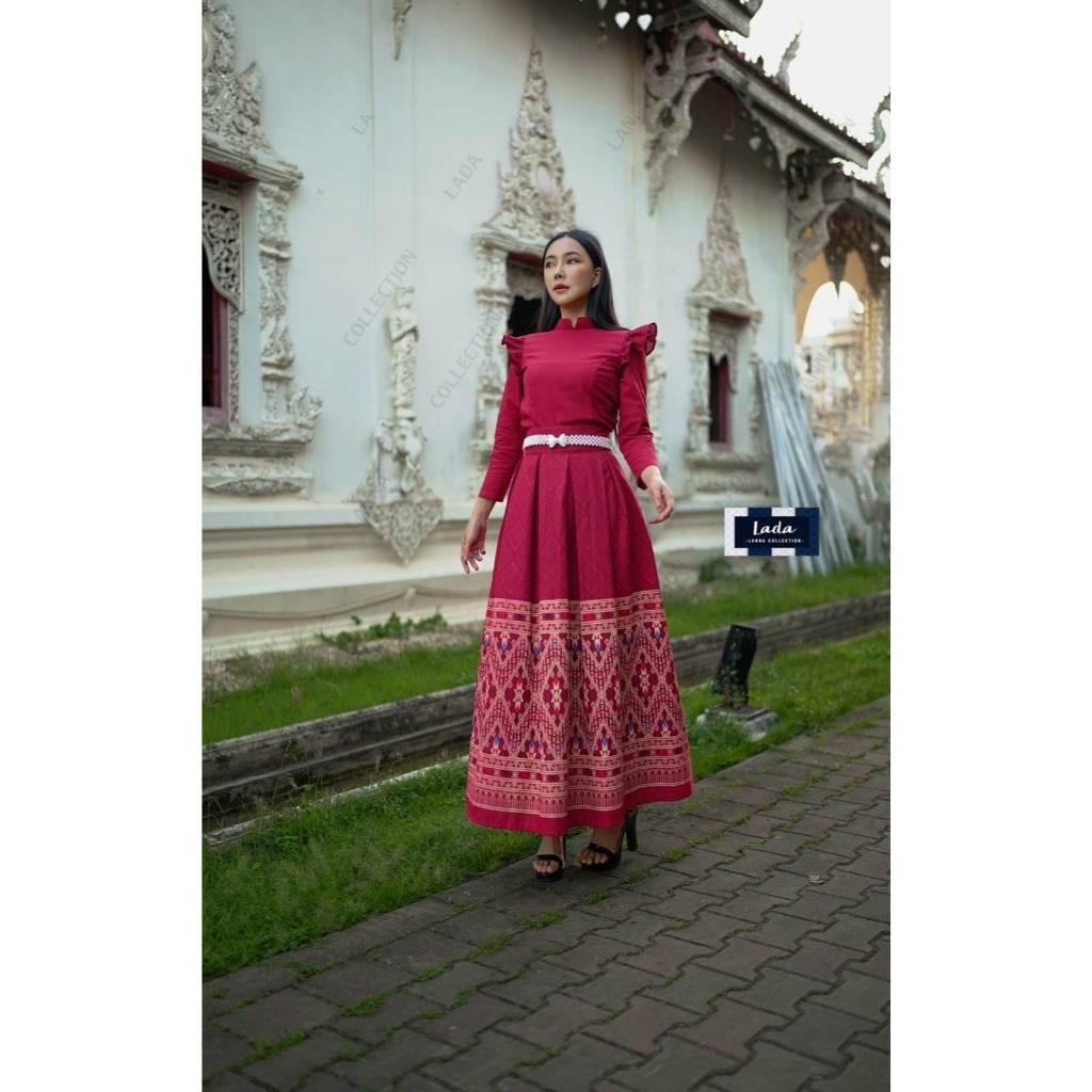 Thai Traditional Cotton Outfit - Borom Phiman Cape Sleeve Blouse & Pleated Skirt Set in Indigo, Pink, Wine Red & Yellow with Khit Footprint Design
