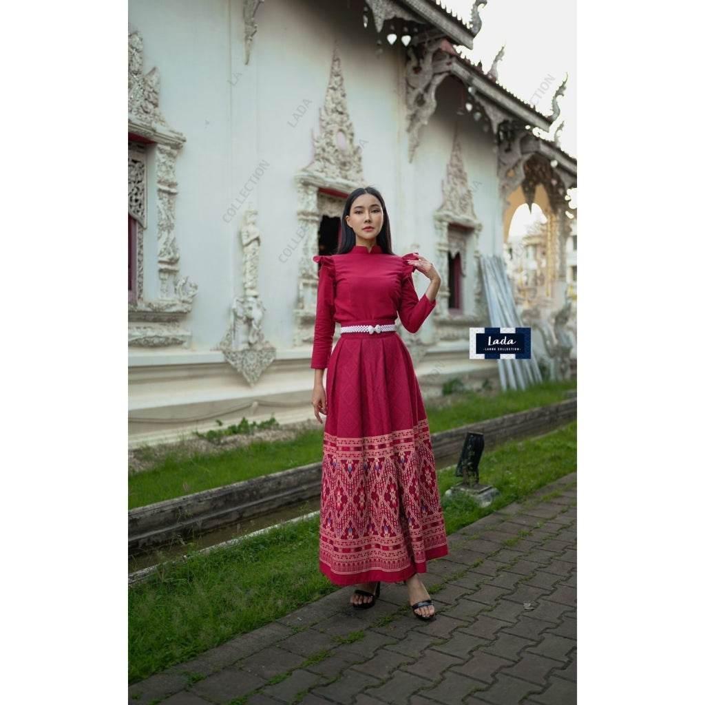 Thai Traditional Cotton Outfit - Borom Phiman Cape Sleeve Blouse & Pleated Skirt Set in Indigo, Pink, Wine Red & Yellow with Khit Footprint Design แดงไวน์