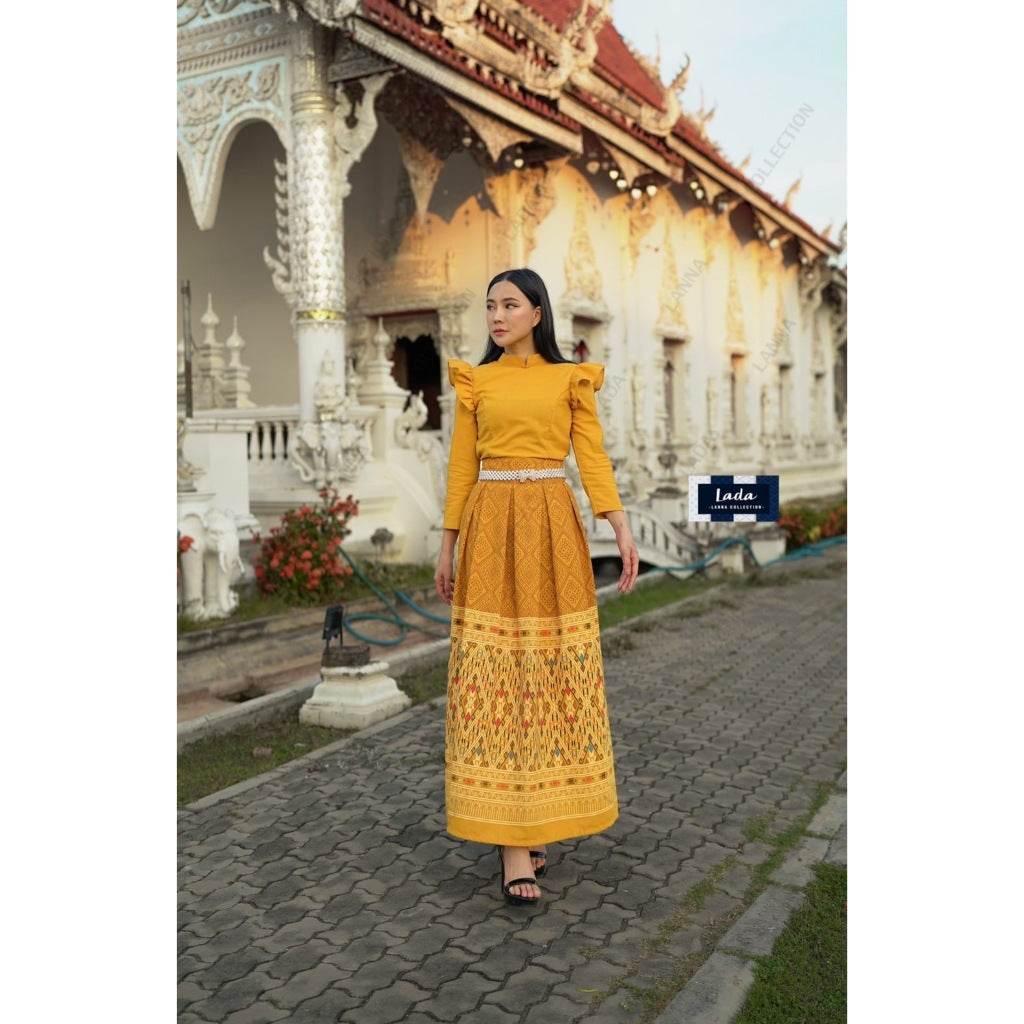 Thai Traditional Cotton Outfit - Borom Phiman Cape Sleeve Blouse & Pleated Skirt Set in Indigo, Pink, Wine Red & Yellow with Khit Footprint Design เหลือง