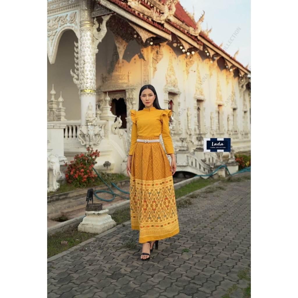 Thai Traditional Cotton Outfit - Borom Phiman Cape Sleeve Blouse & Pleated Skirt Set in Indigo, Pink, Wine Red & Yellow with Khit Footprint Design